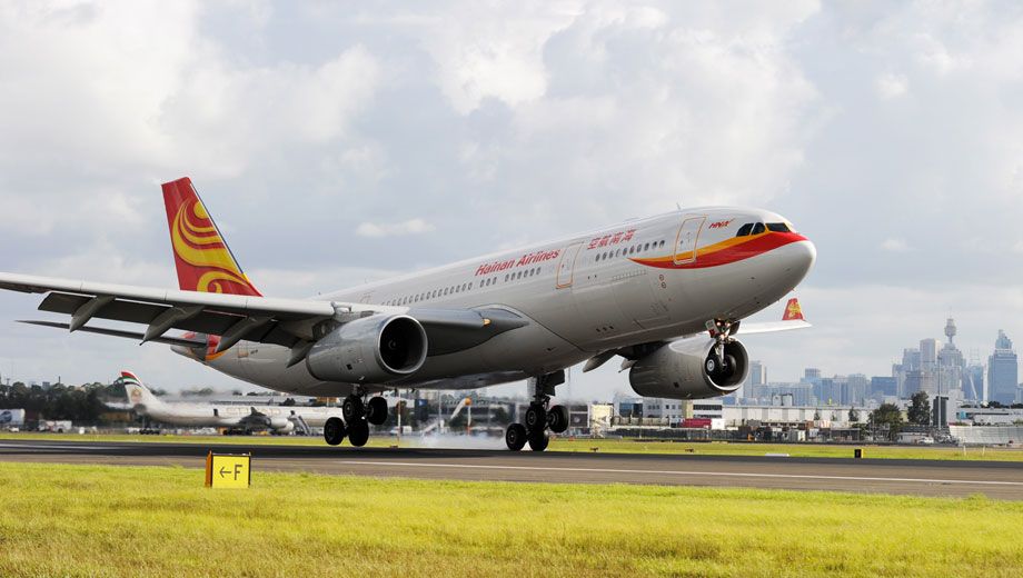 The first Hainan Airlines flight from Shenzen lands at Sydney Airport yesterday