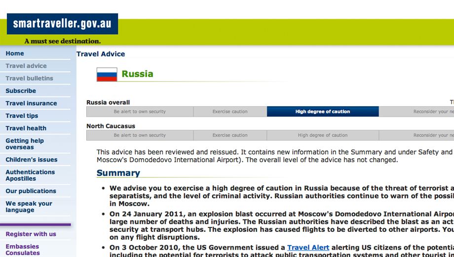 Moscow airport bombing: DFAT issues updated Russia travel warning