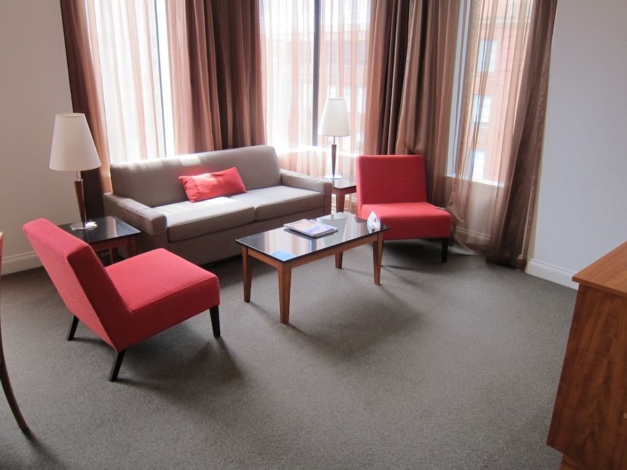 While there's lots of space, the sofa and chairs could use a bit more cushioning.