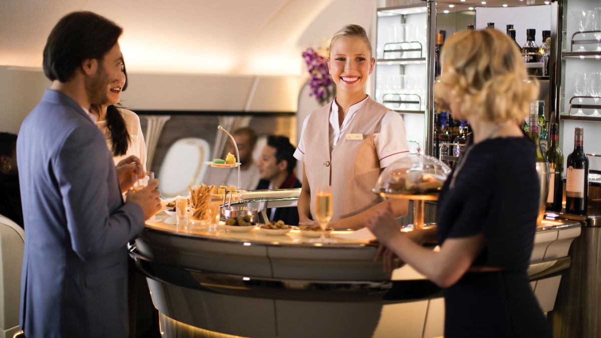 Any hour is cocktail hour at Emirates’ elegant A380 bar