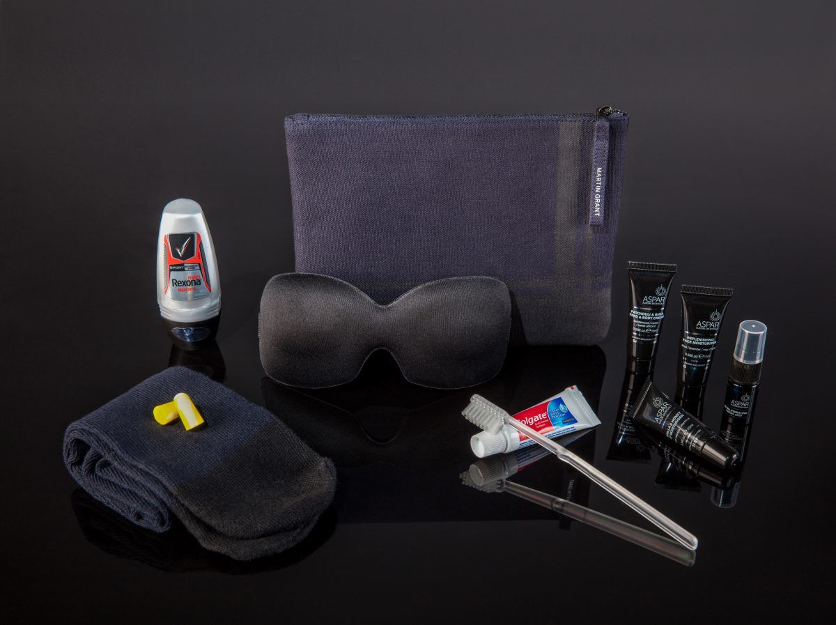 There's minimal difference between the male and female amenity kits, which both botanical ASPAR skincare products from Australian company Aurora Spa, including hand cream, lip moisturiser and facial moisturiser.