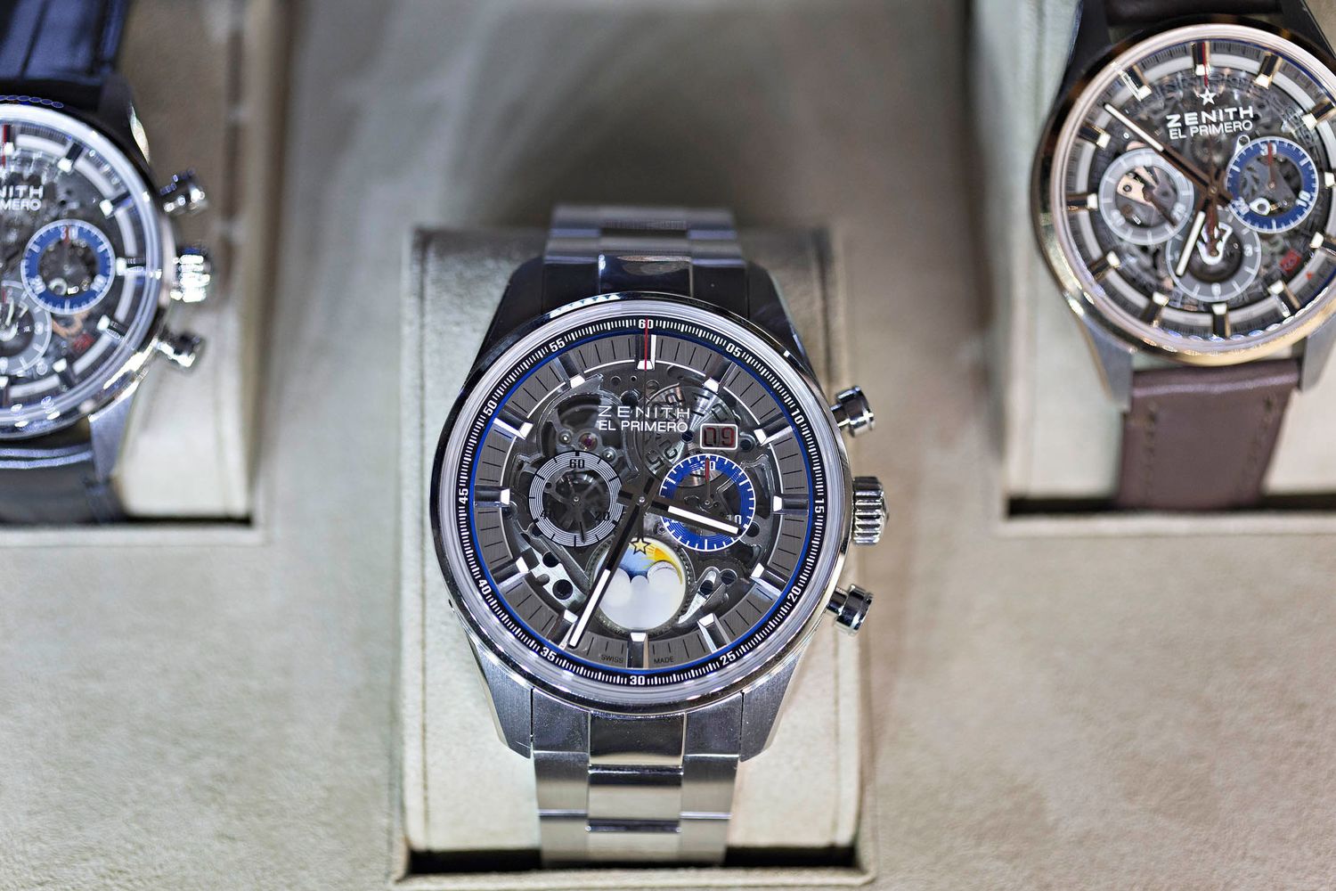 These El Primero wristwatches on display at the headquarters sell for over US$4,000. Like the Pilot watches, El Primeros are a key product line for Zenith.
