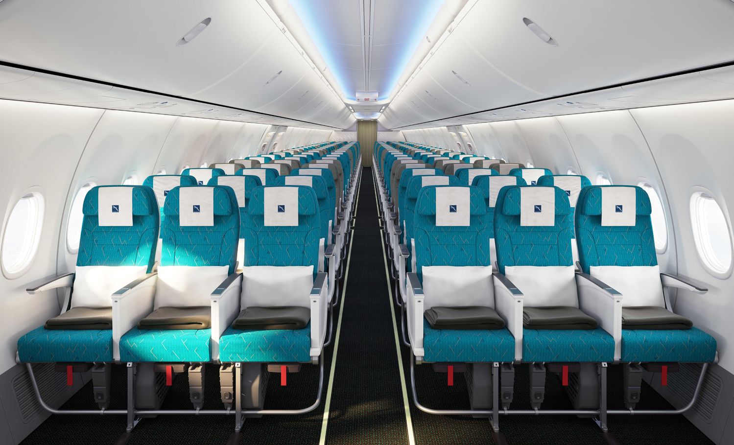 The 144 slimline economy class seats in the Boeing 737 MAX 8 are ranked in a familiar 3-3 layout...