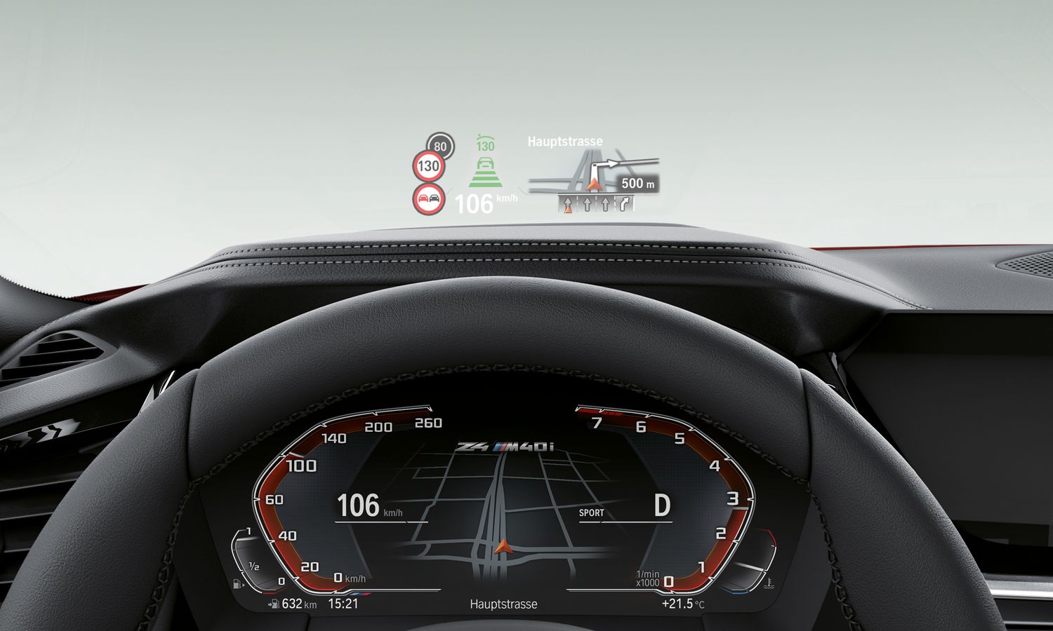 Notice the info-packed heads-up display reflected onto the windscreen.