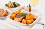 One of the new business class main courses: steamed ocean trout with coriander pesto, fingerling potatoes, pumpkin and toasted macadamia nuts.