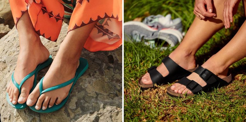 While thongs (left) are banned from Qantas lounges, sandals and slides (right) are fine.