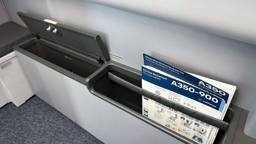 Plenty of storage spaces in Lufthansa's A350 Allegris business class suite.