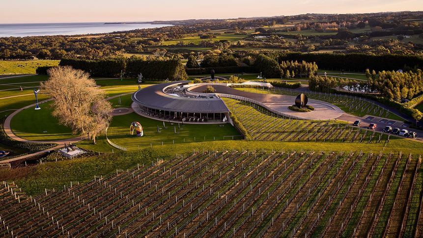An aerial view of Pt. Leo Estate and its flourishing sculpture garden.