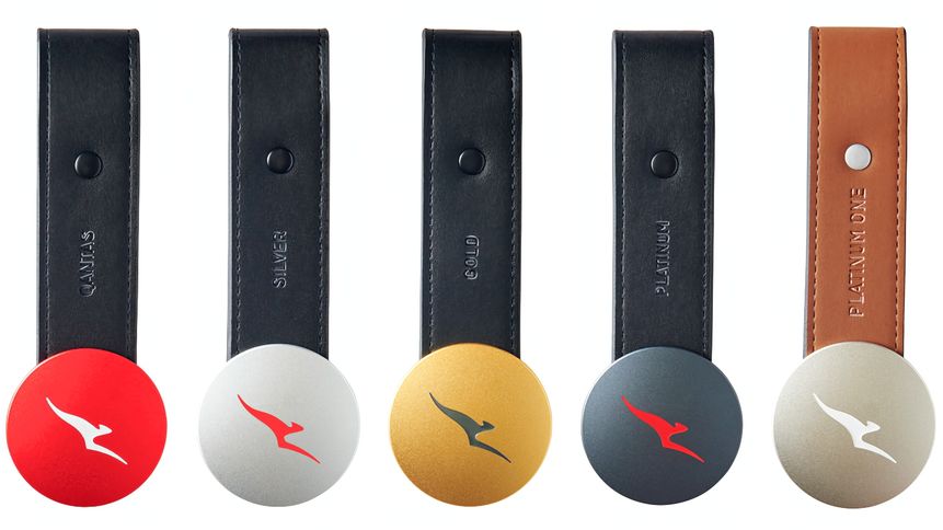 Qantas luggage tags are colour-coded to reflect your frequent flyer status.