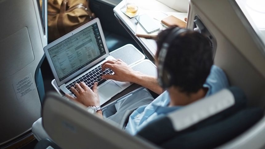 Free and reasonably fast WiFi turns your business class seat into an office in the sky.