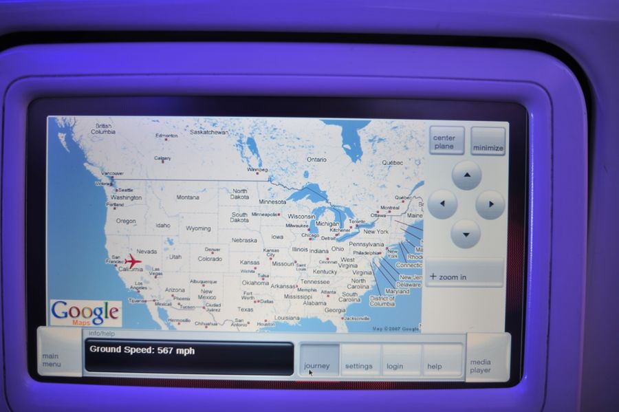 Too cool for school: the inflight map on Virgin America is plotted on Google Maps.