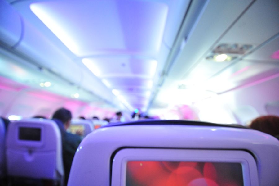 The colourful cabin of Virgin America planes.