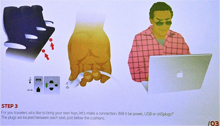 Ethernet jacks, power points and dudes who use Apple laptops in Virgin America's inflight guide.