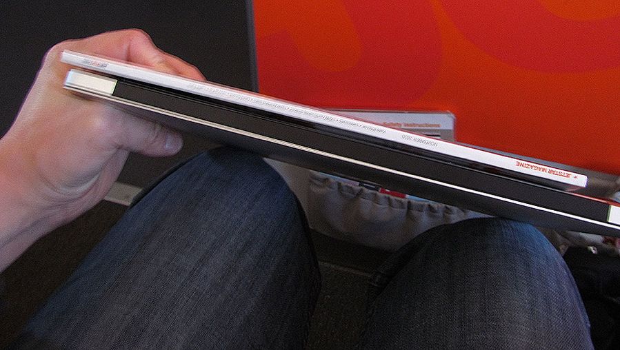 The back-edge of the MacBook Air is a fairer comparison with the thickness of the Jetstar magazine.
