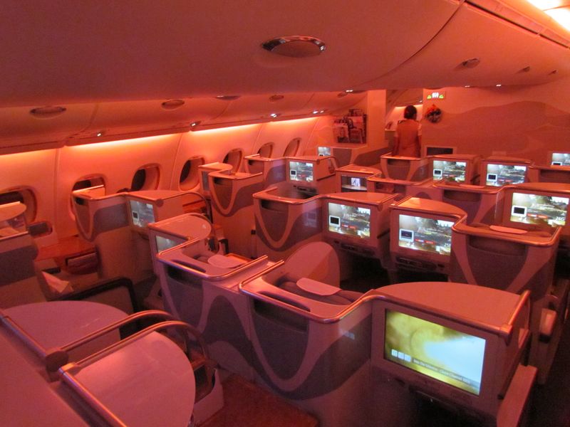 The A380 has mood lighting -- and on this night flight Emirates loved the orange and magenta settings.
