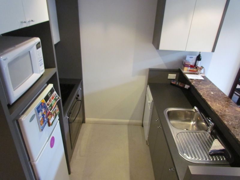 The well-equipped kitchen is compact, but has everything you'll need for an extended stay.