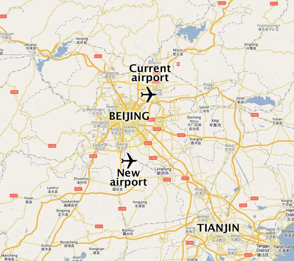 The new airport will be 45 km from central Beijing and over 85 km from the current airport