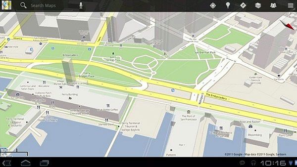 Google Maps 5 on the Motorola Xoom can store entire cities in memory, so mapping can work without a Wi-Fi or 3G connection.