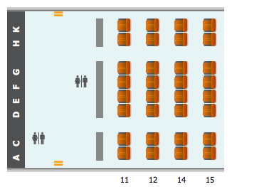 Scoot's business class cabin: four rows of a 2-4-2 layout with at least a 38 inch pitch