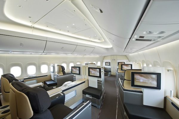 Even without the fish-eye lens effect, there's actually a lot of room in the nose of a 747-8I for first class.