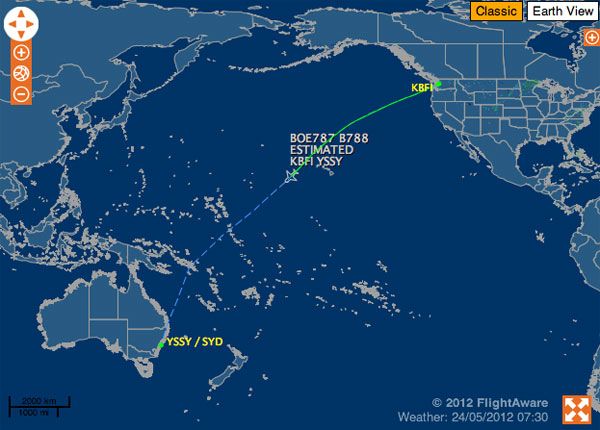 FlightAware lets you track the Boeing 787 in flight: here's a snap we took this morning as the plane was en route from Seattle to Sydney