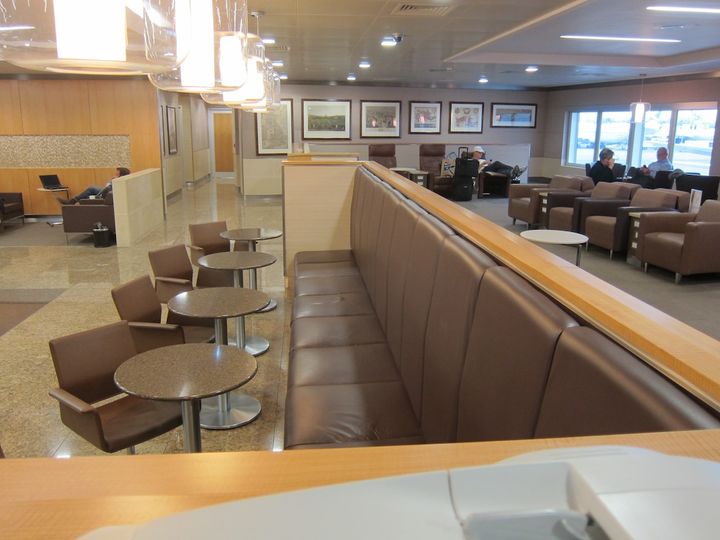 Blandly corporate and with missable food options, the American Airlines lounge nevertheless has blazingly fast wifi.