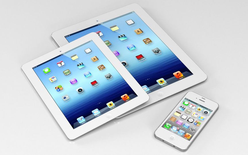 This mock-up shows the relative size of a 7.85 inch 'iPad Mini' against the real iPad and an iPhone 4. CiccareseDesign.com