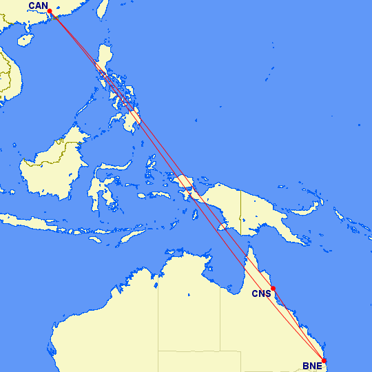 CZ's new 'triangle' route connects Brisbane, Cairns and Guangzhou. gcmap.com