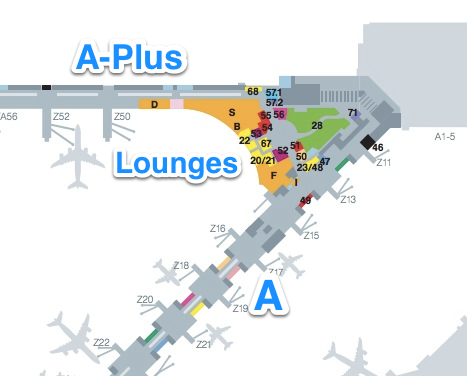 Lufthansa's new lounges are the gold sections in the centre.