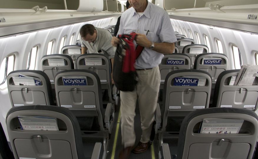 It's a relatively tight squeeze — and not much overhead bin room — on board Virgin's ATR turboprops.. Chris Neugebauer