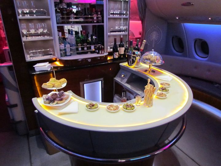 Stretch your legs and have a snack at the Emirates' business class bar -- only on the airline's A380s.