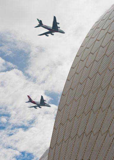 Over the iconic sails of the Opera House. James Morgan/Qantas