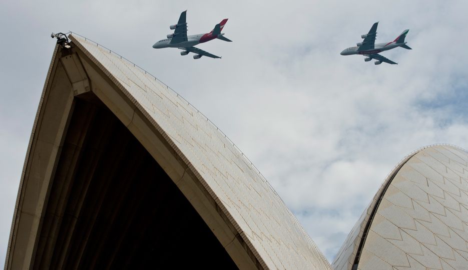 Over the iconic sails of the Opera House. James Morgan/Qantas