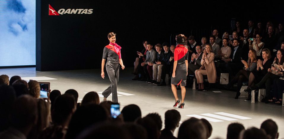 Qantas crew hit the runway to model their new uniform. Mark Sherborne, Qantas