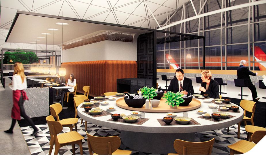 The Qantas Hong Kong Lounge showing part of the dining area and the bar