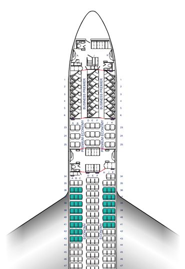 Air NZ's Boeing 787-9 seat chart shows (in green) the 14 Skycouch rows in the first economy cabin