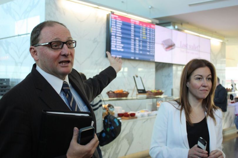 oOh! Media CEO Brendon Cook and Qantas exec Olivia Wirth at this week's launch of QView