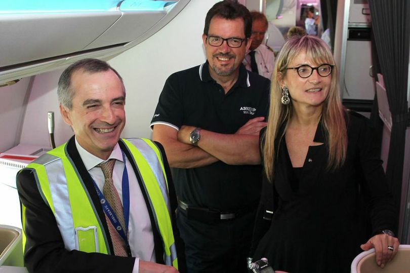 Virgin Australia CEO John Borghetti (left) and Airbus sales exec Isabelle Floret (right) on the A350. Airbus