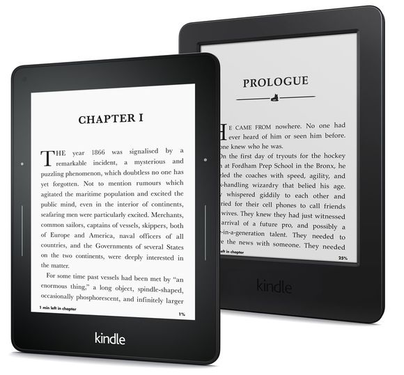 Kindle Voyage in front, with the Paperwhite behind