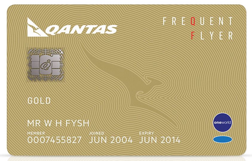 Note the Oneworld logo and blue 'Sapphire' icon at the bottom-right of this Qantas Frequent Flyer Gold membership card