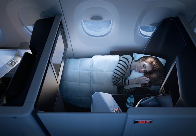 Delta's Airbus A350 has 32 Delta One suites, each with sliding doors for privacy, which convert into a fully-flat bed.