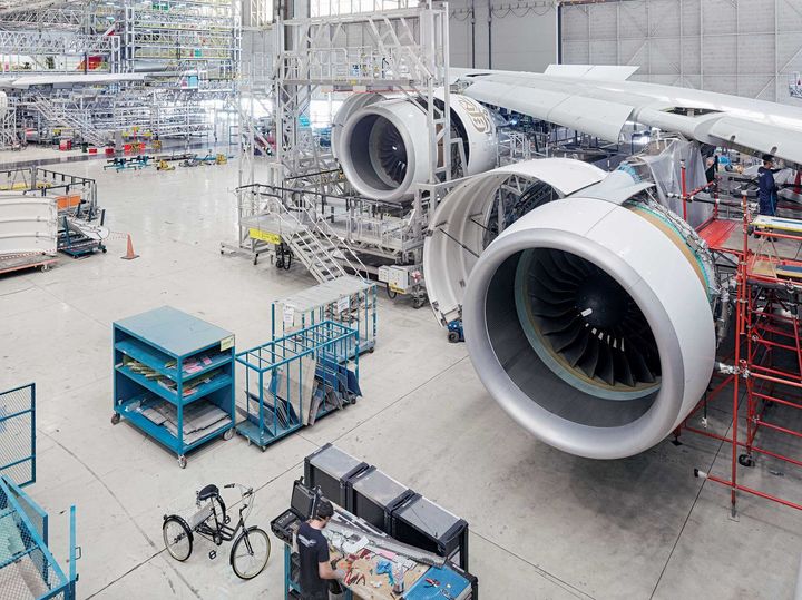 An Emirates A380 in for maintenance in Dubai