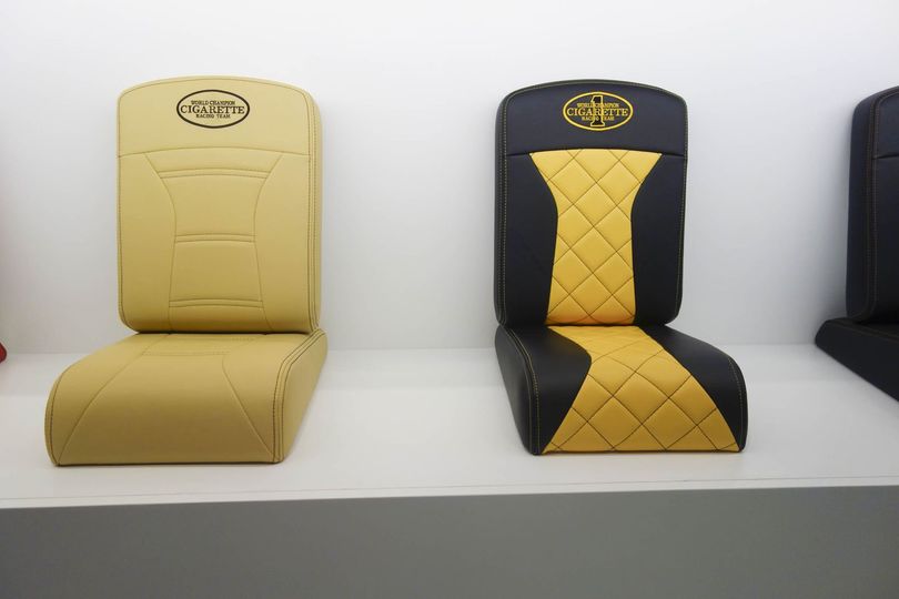 Customized seating options at the Cigarette Racing factory.. Hannah Elliott/Bloomberg