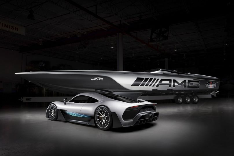 The $2 million racing boat, next to its inspiration, the Mercedes-AMG Project One hypercar.