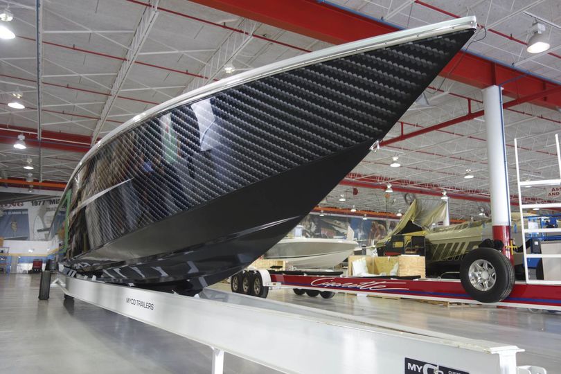 In dry dock, the Project 515’s extreme deep-V shape is even more apparent.. Hannah Elliott/Bloomberg