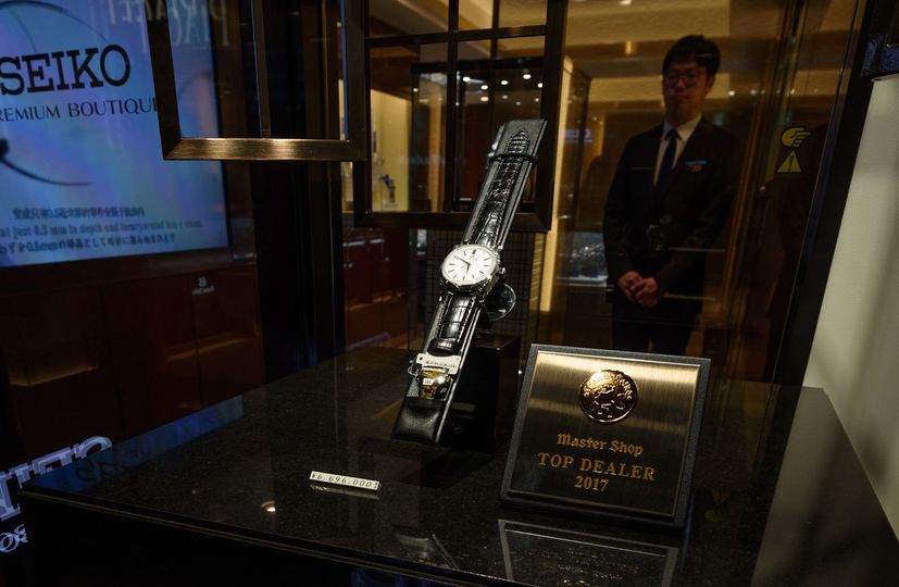 A Grand Seiko SBGD201 on displayed at the Seiko Premium Boutique in Tokyo.