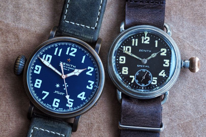 The Zenith Type 20 Southern Cross limited edition (left) and the same watch worn by Louis Bleriot on his English Channel crossing (right)