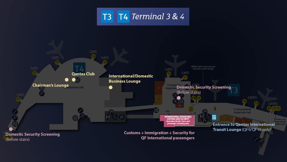 T4 First Floor &ndash; domestic lounges marked in yellow - Qantas Club, Chairman&rsquo;s Lounge and combined Domestic/International Business Lounge.