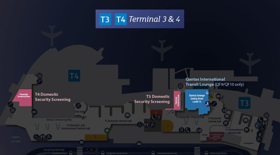 T4 Ground Floor – we’ve outlined the two security checkpoints you can use to go airside, as well as the new Qantas T3 International Transit Lounge – only open to guests travelling to/from London Heathrow.