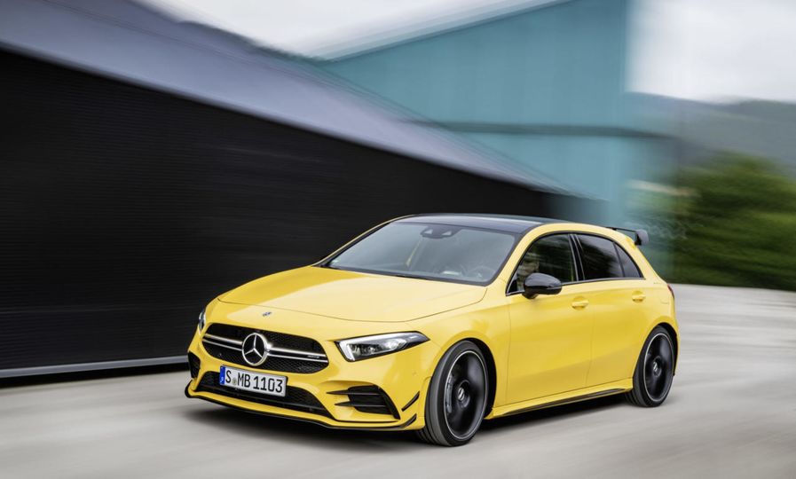 The Mercedes-AMG A35 is a four-door small hatchback with a tiny wing on the rear. The all-new entry-level car is expected to get more than 300hp on its turbocharged 2-liter engine.